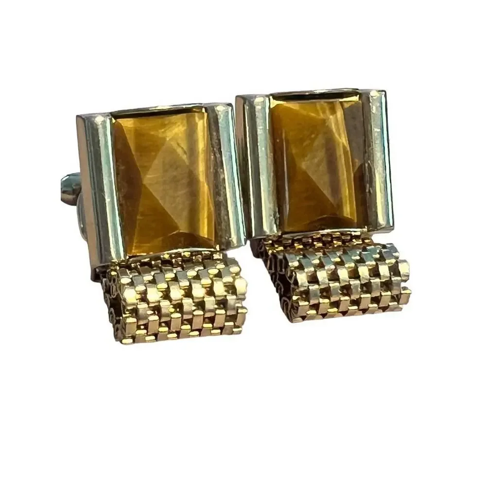 Vintage Tiger’s Eye Wrap Around Mesh Square Goldtone Cufflinks